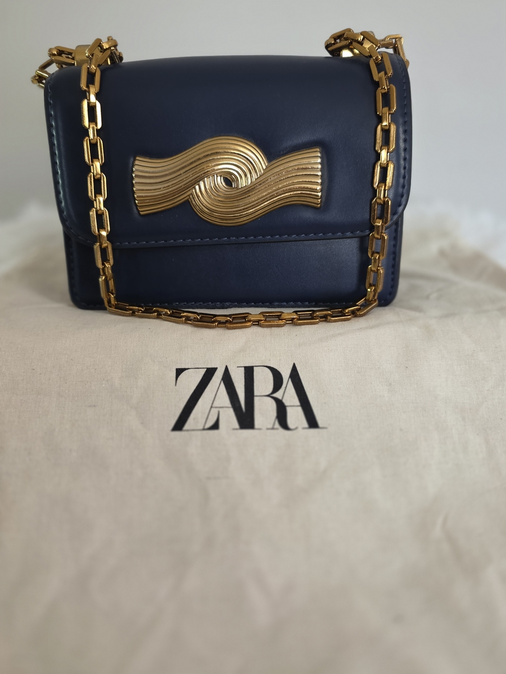 ZARA Navy Leather Crossbody Bag with Gold Chain